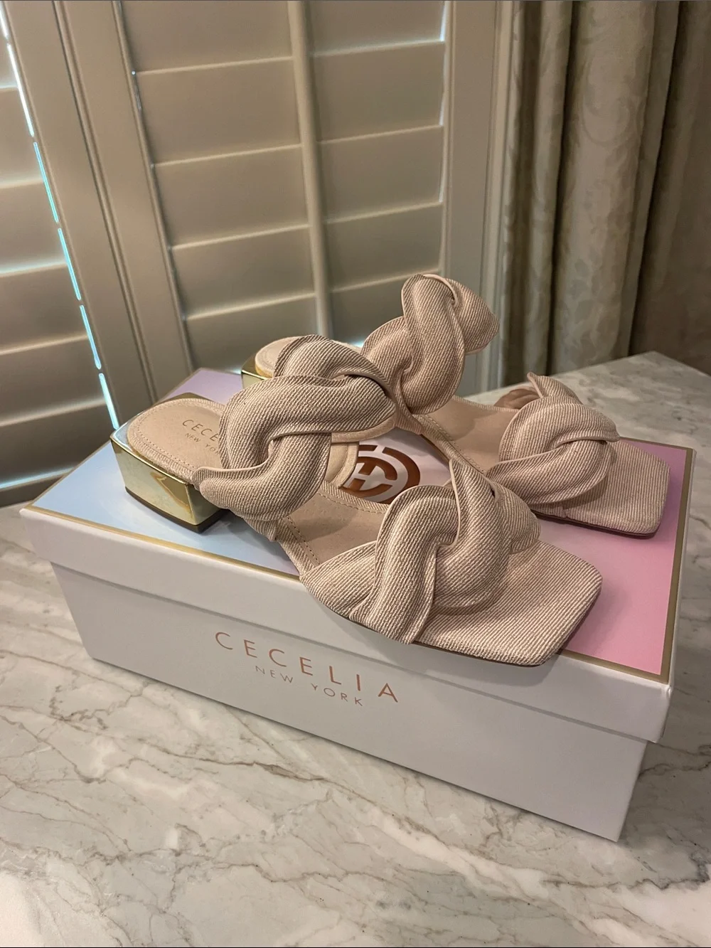CECELIA NEW YORK Natural Braided Linen Slide Sandal with Gold Heel Accent